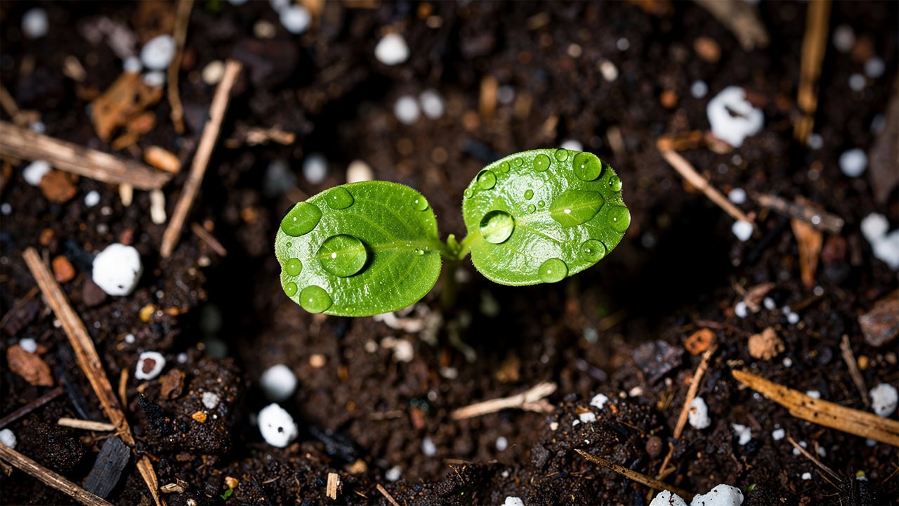Frisch gekeimter Sämling durchbricht Erdoberfläche