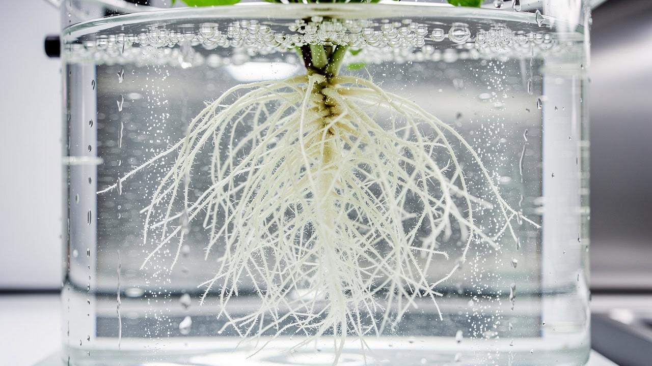 Pflanzenwurzeln in hydroponischer Nährlösung mit Luftblasen