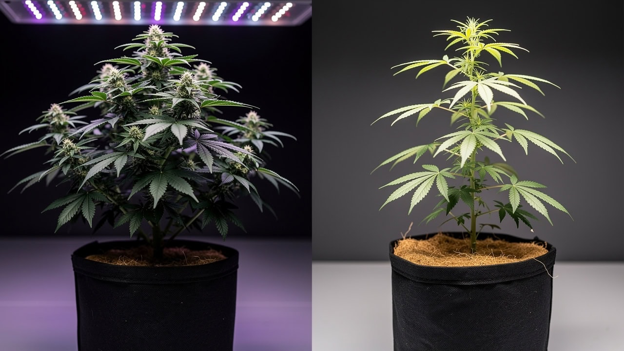 Vergleich von Cannabis-Pflanzen bei optimaler und unzureichender Beleuchtung
