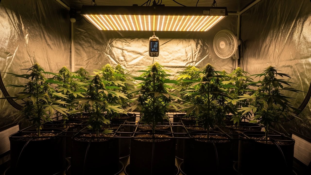Professioneller Indoor-Grow-Raum mit LED-Beleuchtung und Cannabis-Pflanzen